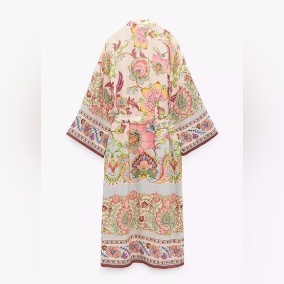 Zara Floral Printed Multicolor Long Belted Pink Pastel Kimono - Picture 3 of 12